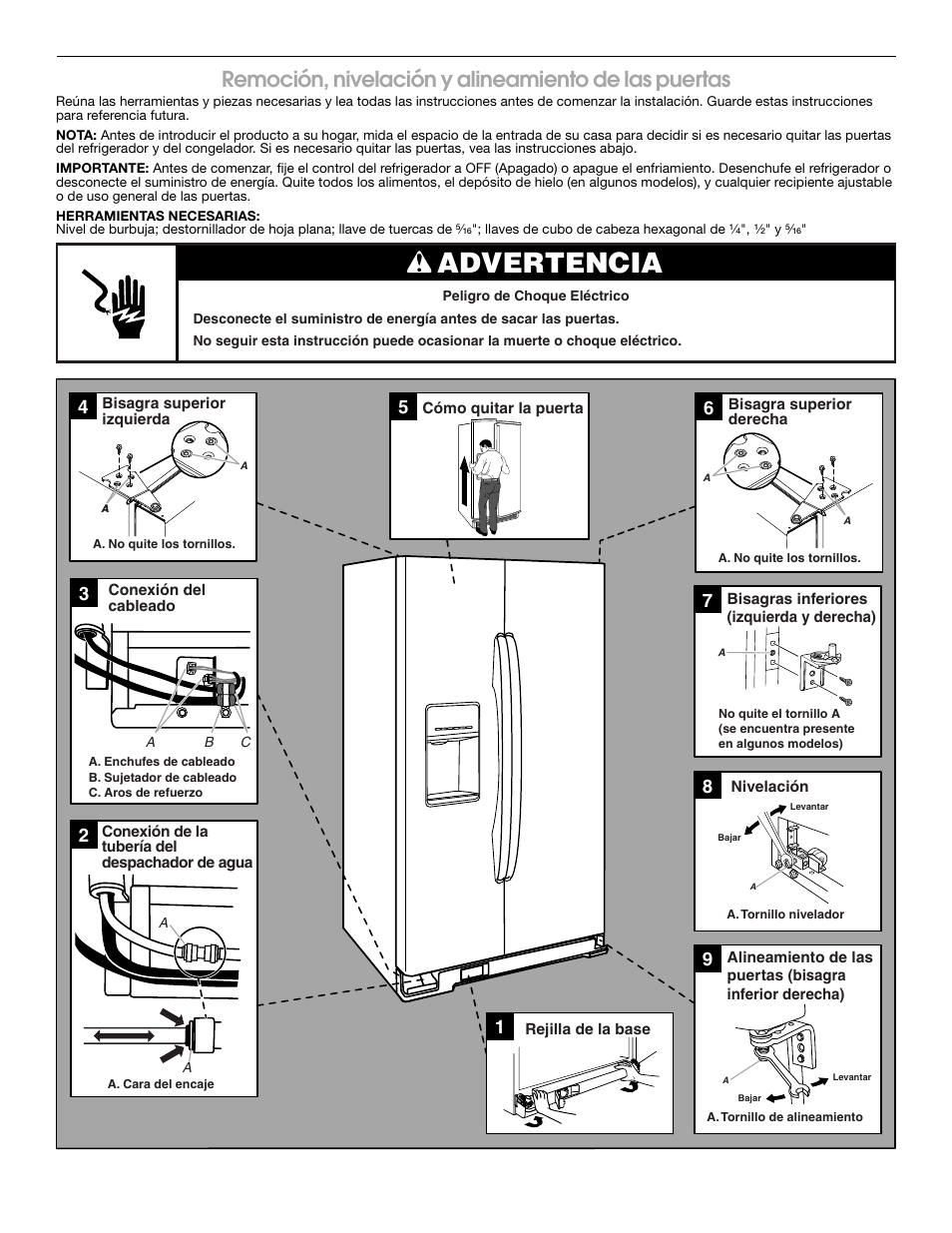 Advertencia, Remoción, nivelación y alineamiento de las puertas | Whirlpool WRS325FDAM User Manual | Page 4 / 8