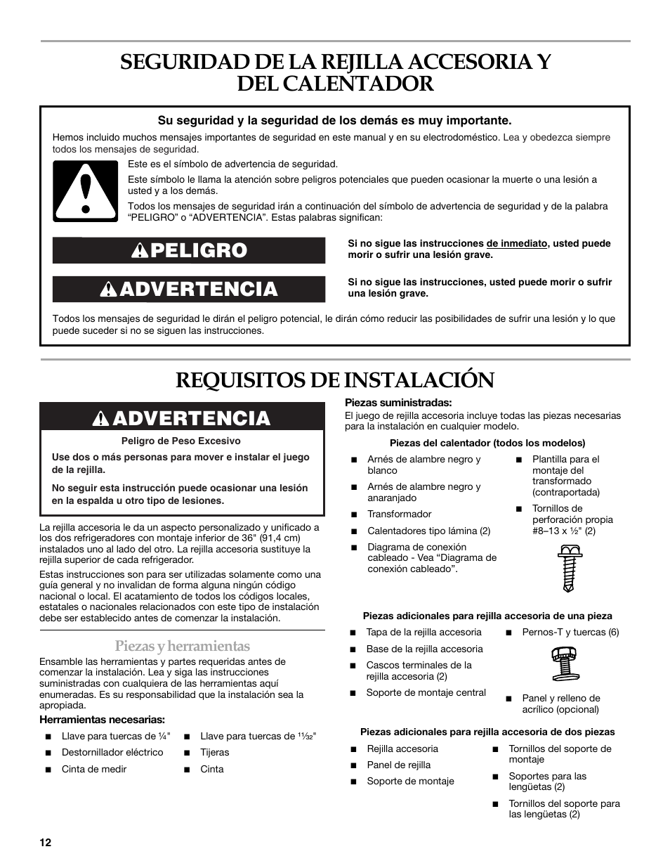 Advertencia peligro, Advertencia, Piezas y herramientas | Whirlpool W10153554 User Manual | Page 12 / 32