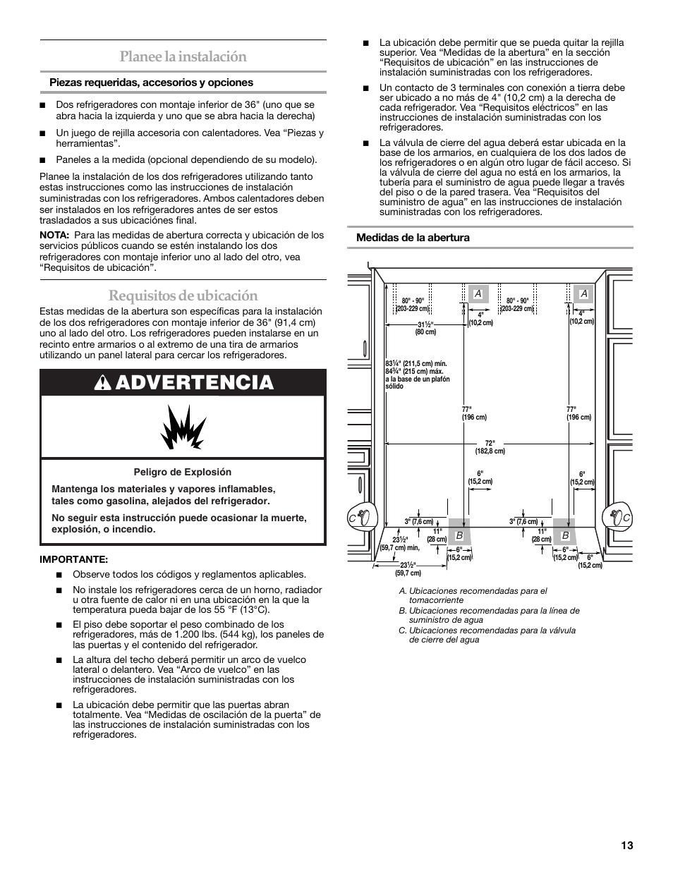 Advertencia, Planee la instalación, Requisitos de ubicación | Whirlpool W10153554 User Manual | Page 13 / 32