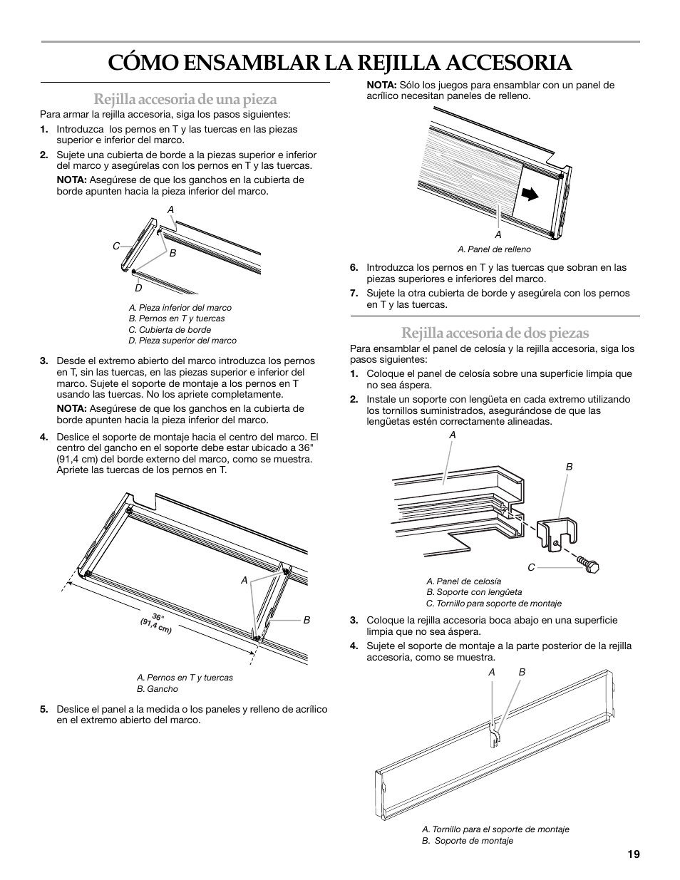 Cómo ensamblar la rejilla accesoria, Rejilla accesoria de una pieza, Rejilla accesoria de dos piezas | Whirlpool W10153554 User Manual | Page 19 / 32