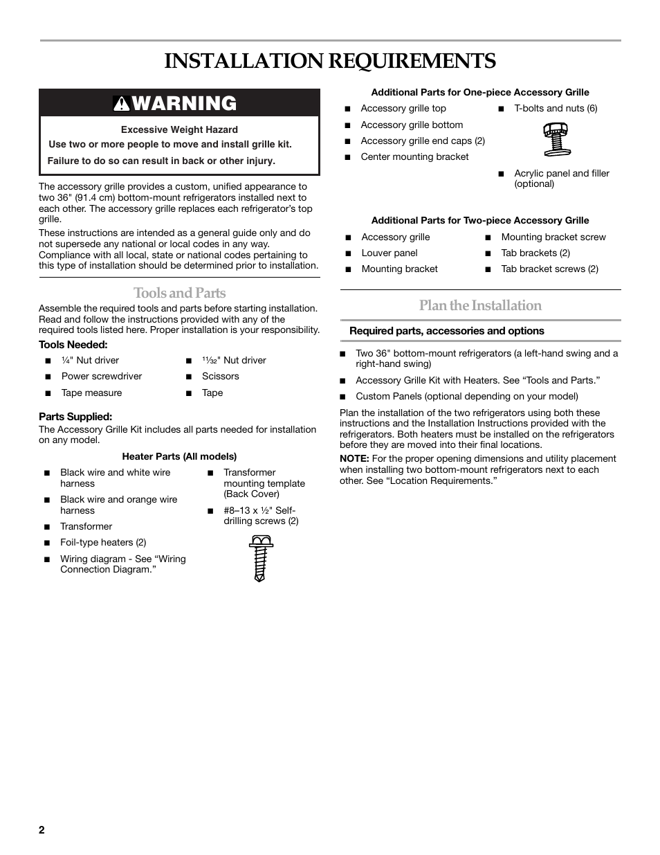 Installation requirements, Warning, Tools and parts | Plan the installation | Whirlpool W10153554 User Manual | Page 2 / 32