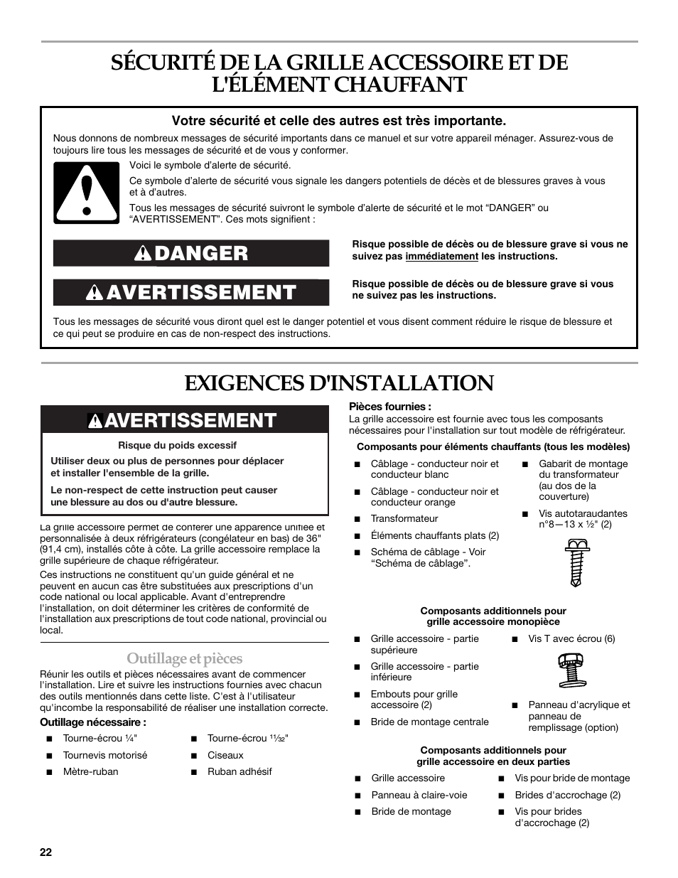 Avertissement danger, Avertissement, Outillage et pièces | Whirlpool W10153554 User Manual | Page 22 / 32