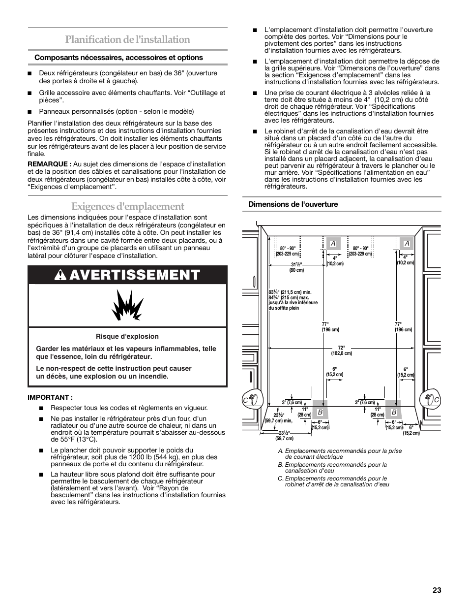 Avertissement, Planification de l'installation, Exigences d'emplacement | Whirlpool W10153554 User Manual | Page 23 / 32