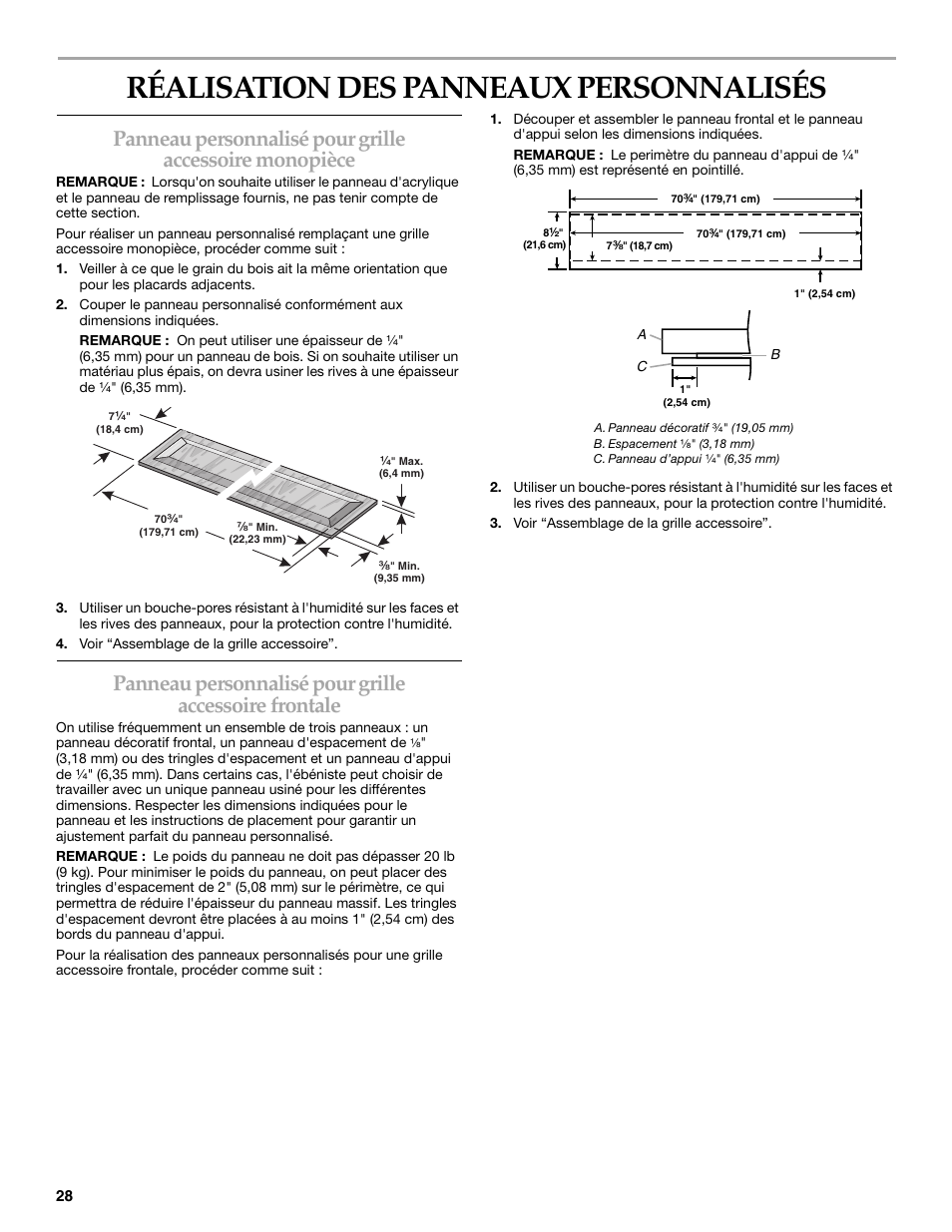 Réalisation des panneaux personnalisés | Whirlpool W10153554 User Manual | Page 28 / 32