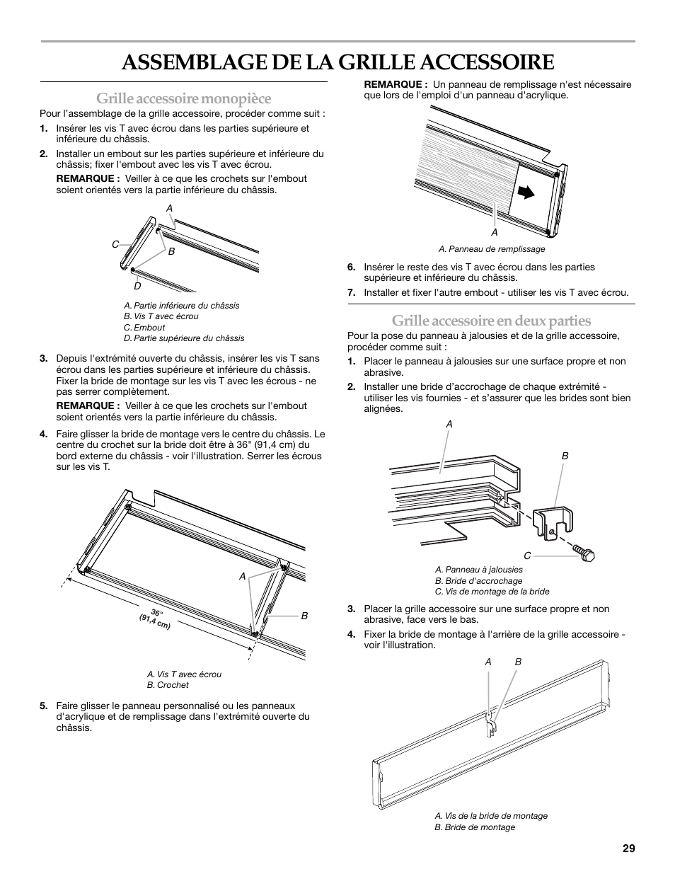 Assemblage de la grille accessoire, Grille accessoire monopièce, Grille accessoire en deux parties | Whirlpool W10153554 User Manual | Page 29 / 32