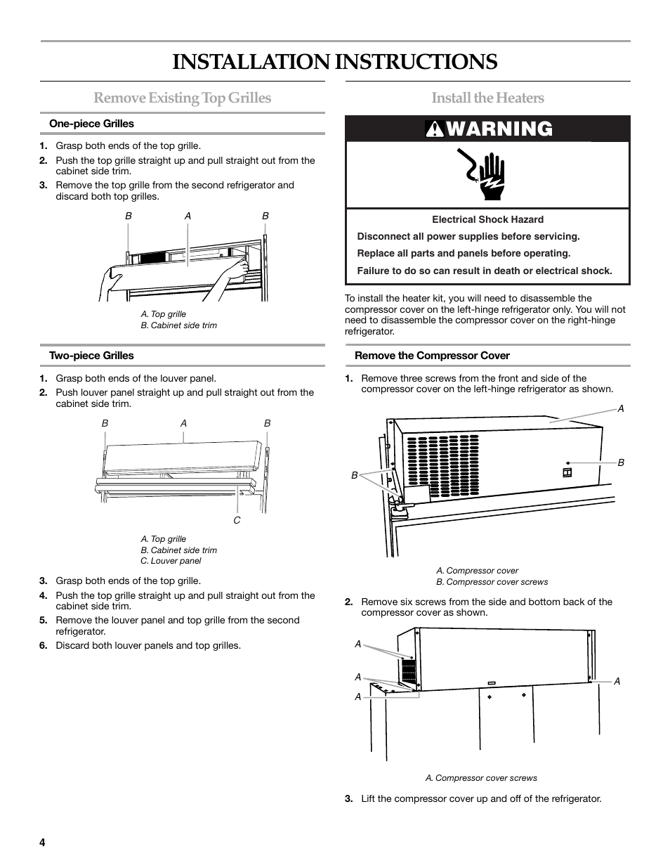 Installation instructions, Warning, Remove existing top grilles | Install the heaters | Whirlpool W10153554 User Manual | Page 4 / 32