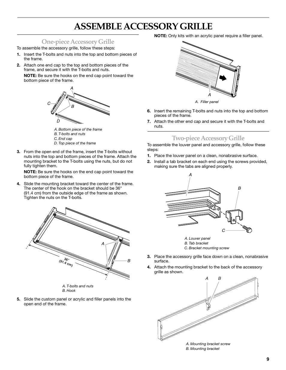 Assemble accessory grille, One-piece accessory grille, Two-piece accessory grille | Whirlpool W10153554 User Manual | Page 9 / 32