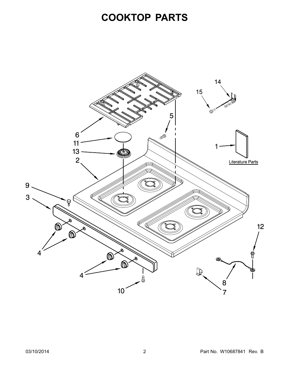 Cooktop, Cooktop parts | Whirlpool WFG320M0BS User Manual | Page 2 / 14