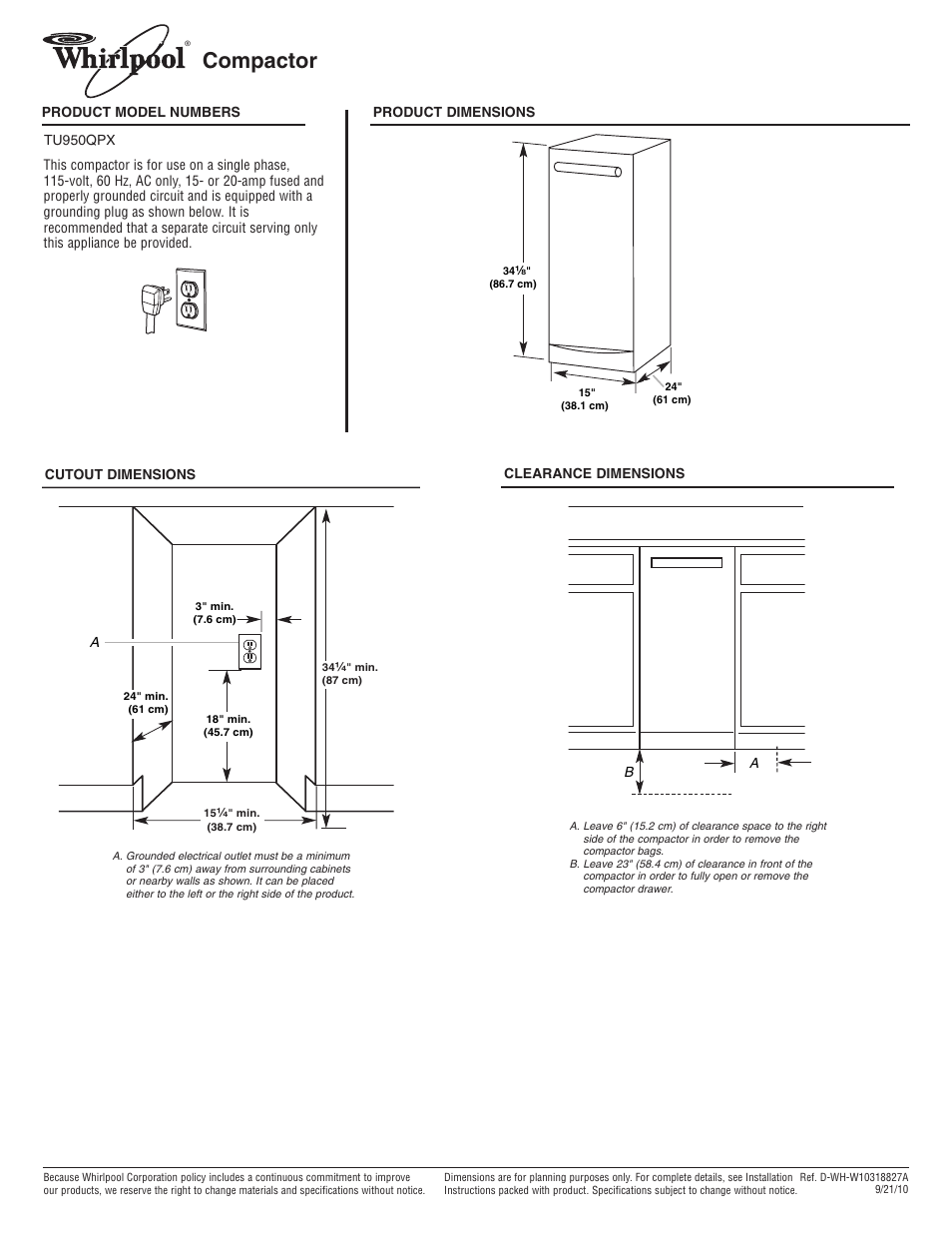Whirlpool TU950QPXS User Manual | 1 page
