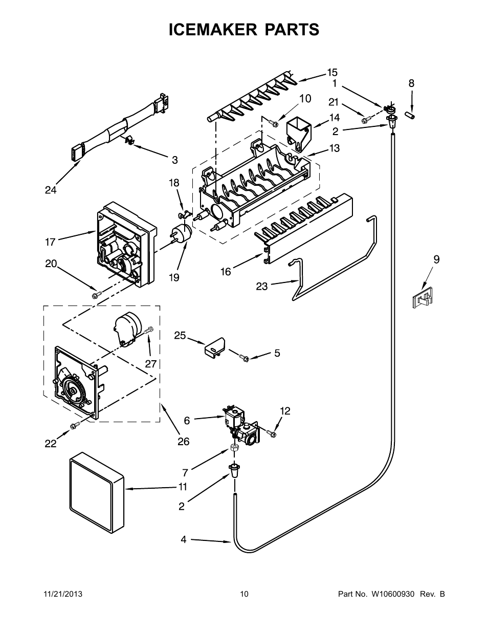 Icemaker, Icemaker parts | Whirlpool W8RXEGMWS User Manual | Page 10 / 14