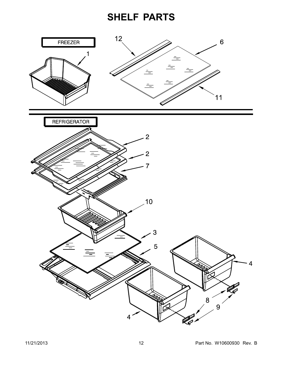 Shelf, Shelf parts | Whirlpool W8RXEGMWS User Manual | Page 12 / 14