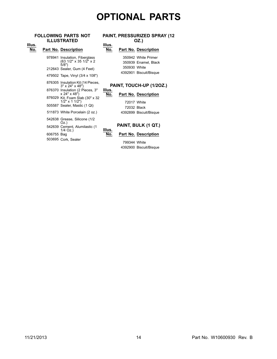 Optional, Optional parts | Whirlpool W8RXEGMWS User Manual | Page 14 / 14