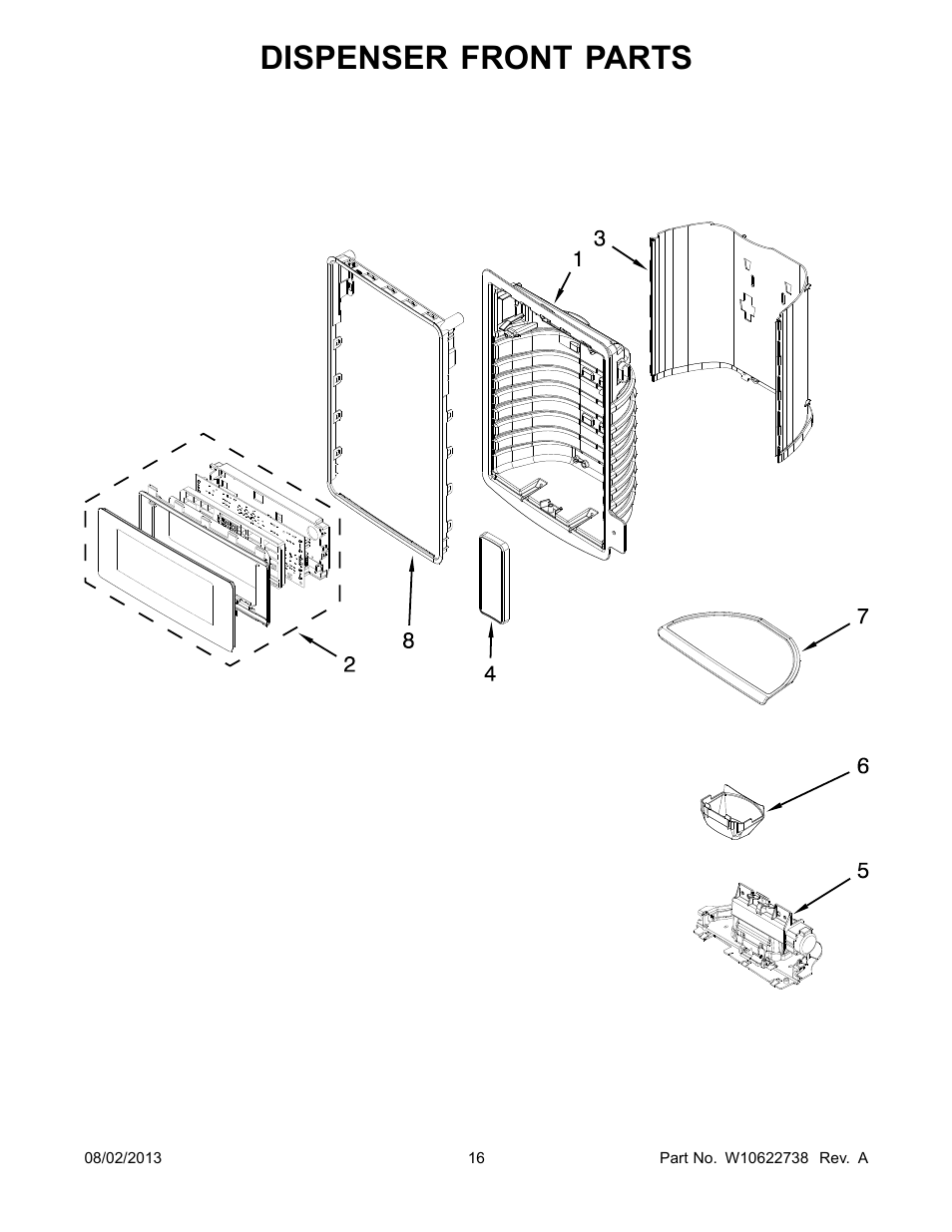 Dispenser front, Dispenser front parts | Whirlpool WRX988SIBM User Manual | Page 16 / 22