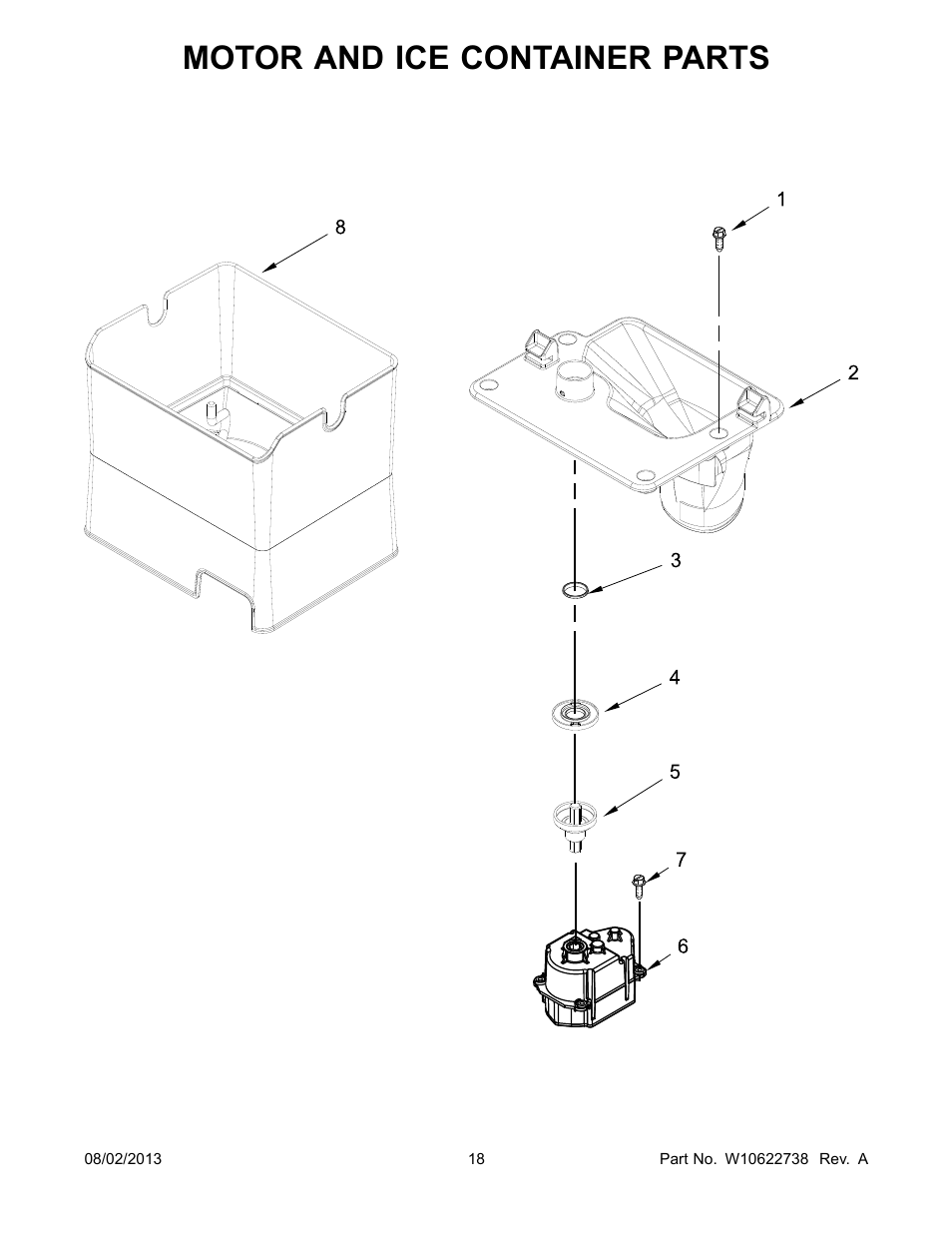 Motor and ice container, Motor and ice container parts | Whirlpool WRX988SIBM User Manual | Page 18 / 22