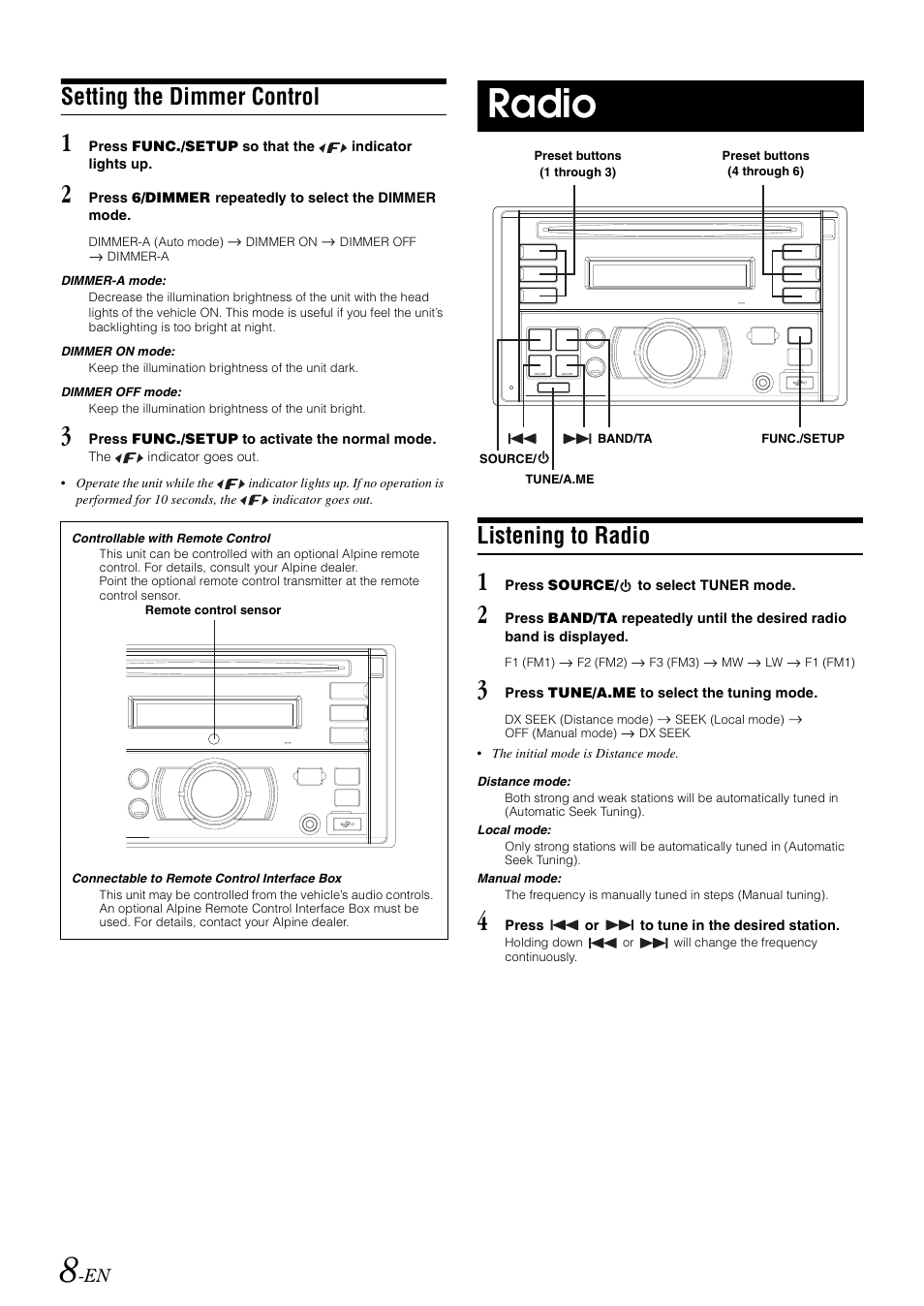 Setting the dimmer control, Radio, Listening to radio | Alpine CDE-W203RI User Manual | Page 10 / 33