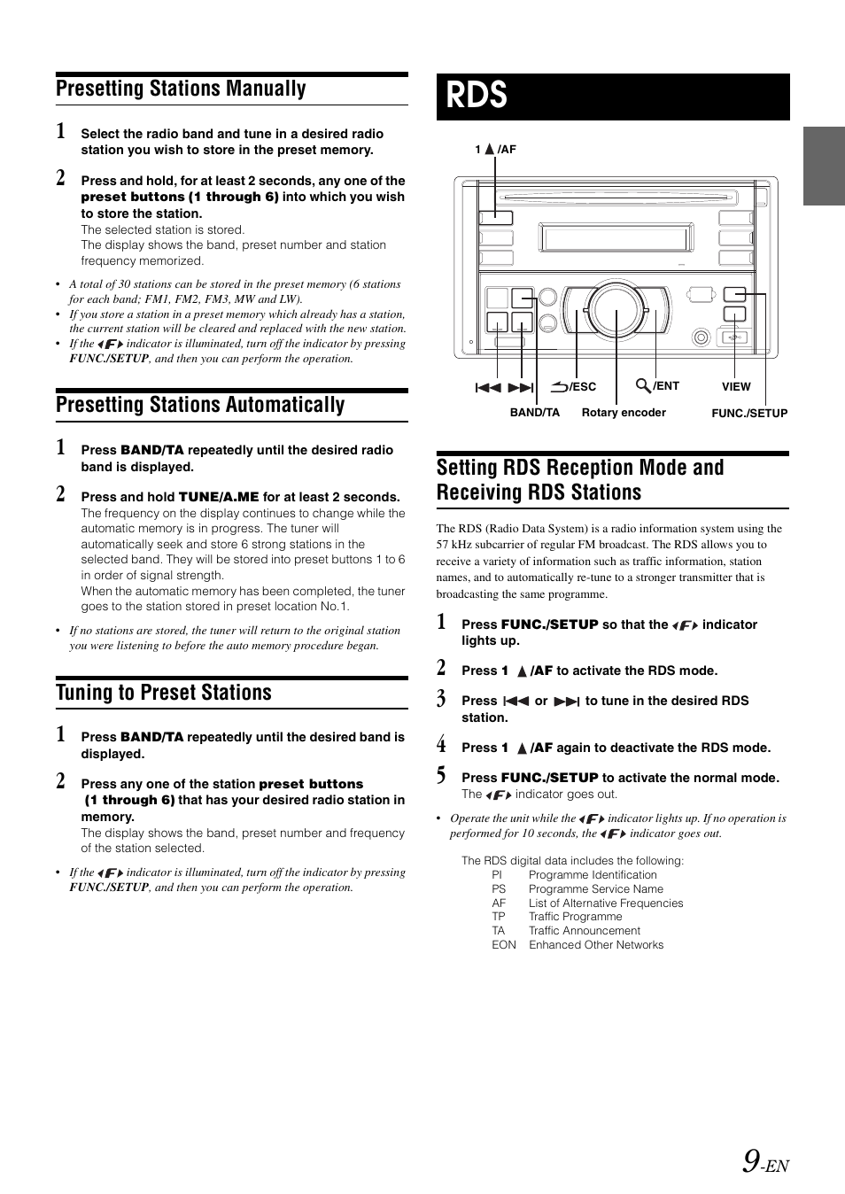 Presetting stations manually, Presetting stations automatically, Tuning to preset stations | Setting rds reception mode and receiving, Rds stations | Alpine CDE-W203RI User Manual | Page 11 / 33