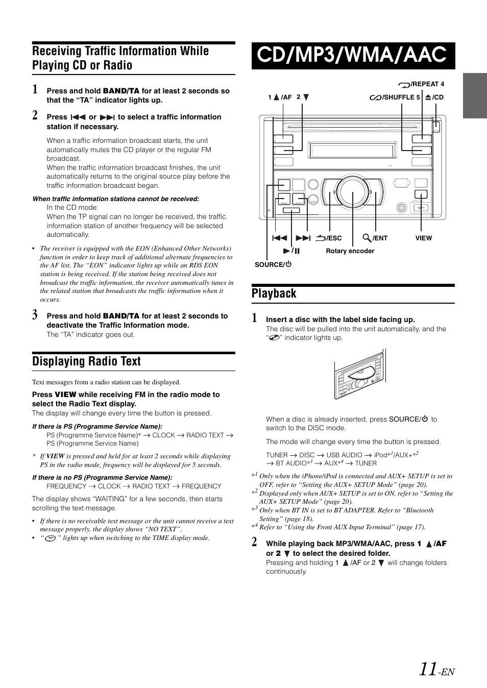 Displaying radio text, Cd/mp3/wma/aac, Playback | Receiving traffic information while playing, Cd or radio | Alpine CDE-W203RI User Manual | Page 13 / 33