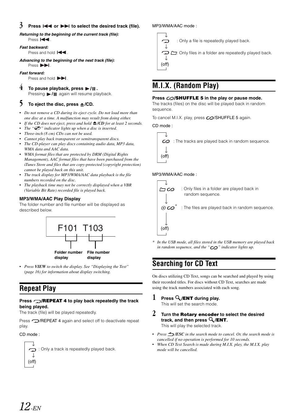 Repeat play, M.i.x. (random play), Searching for cd text | Alpine CDE-W203RI User Manual | Page 14 / 33