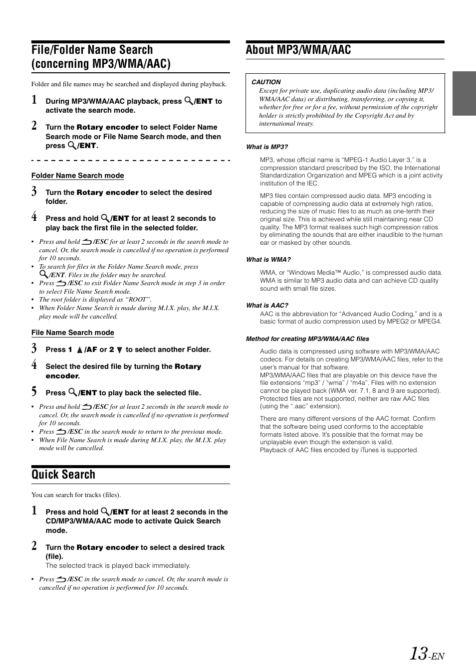 File/folder name search (concerning mp3/wma/aac), Quick search, About mp3/wma/aac | File/folder name search, Concerning mp3/wma/aac) | Alpine CDE-W203RI User Manual | Page 15 / 33