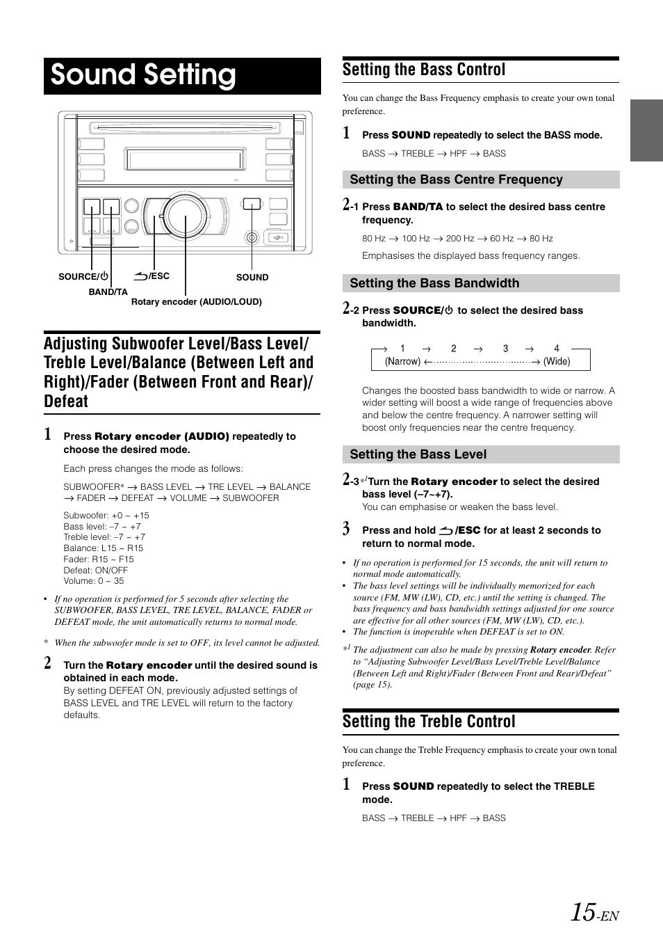Sound setting, Setting the bass control, Setting the treble control | Adjusting subwoofer level/bass level/treble | Alpine CDE-W203RI User Manual | Page 17 / 33