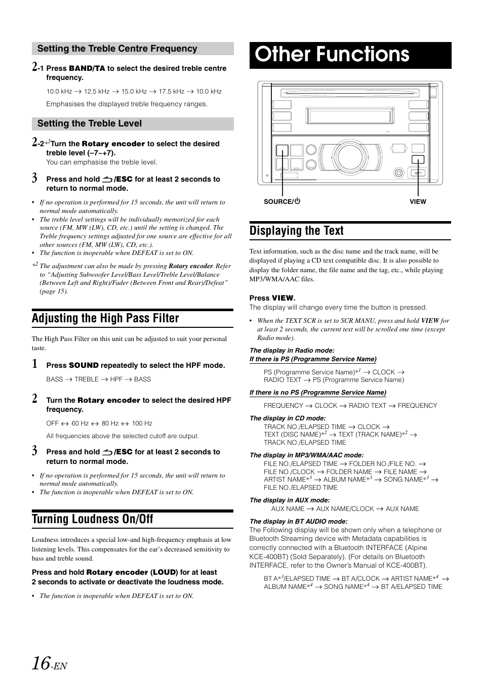 Adjusting the high pass filter, Turning loudness on/off, Other functions | Displaying the text | Alpine CDE-W203RI User Manual | Page 18 / 33