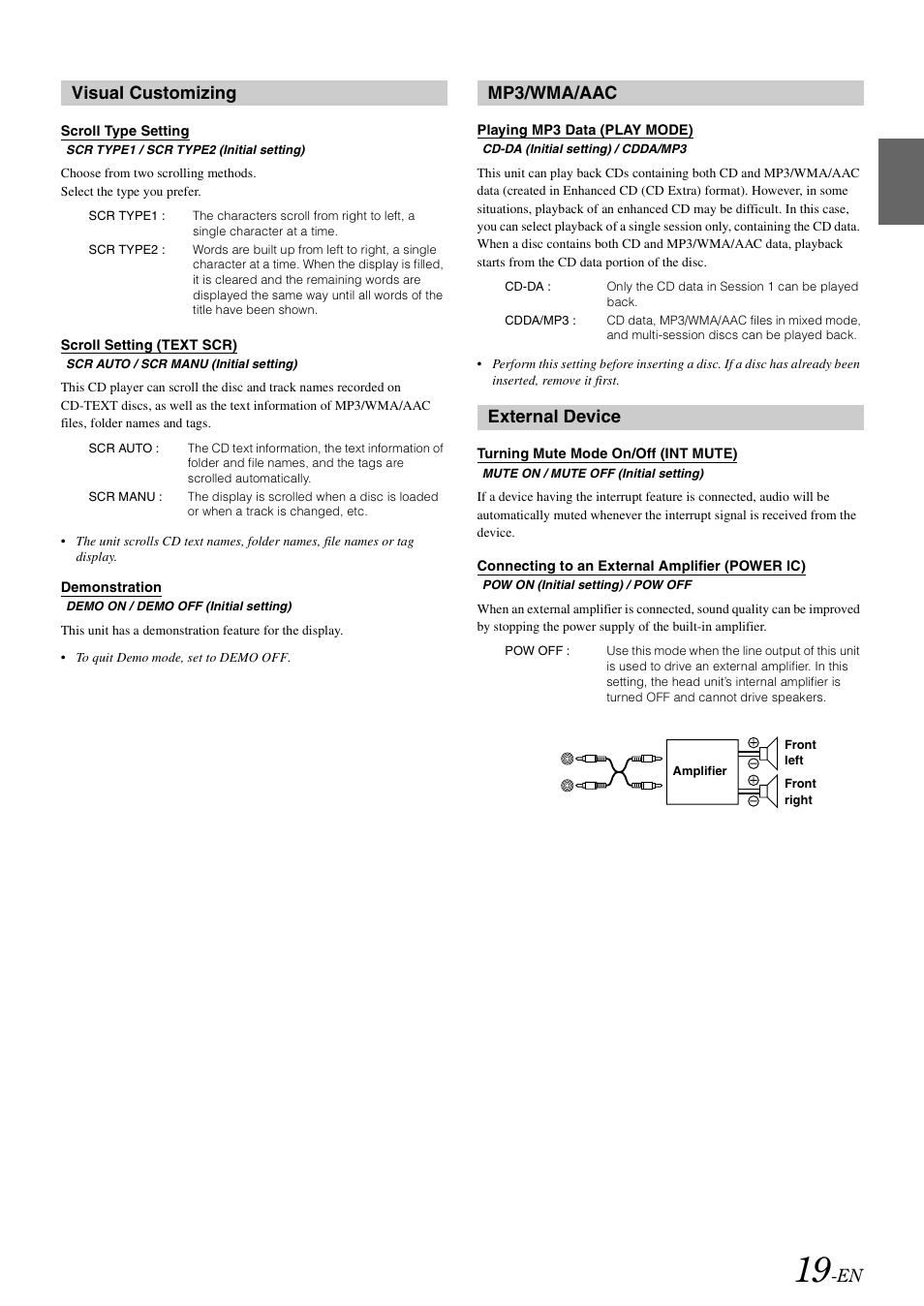 Visual customizing, Scroll type setting, Scroll setting (text scr) | Demonstration, Mp3/wma/aac, Playing mp3 data (play mode), External device, Turning mute mode on/off (int mute), Connecting to an external amplifier (power ic), Power ic) | Alpine CDE-W203RI User Manual | Page 21 / 33