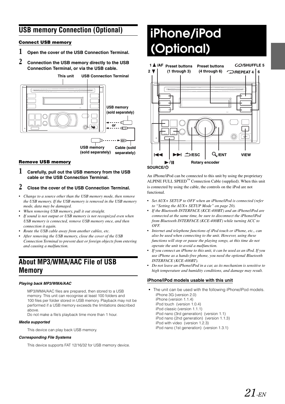 Usb memory connection (optional), About mp3/wma/aac file of usb memory, Iphone/ipod (optional) | About mp3/wma/aac file of usb, Memory | Alpine CDE-W203RI User Manual | Page 23 / 33