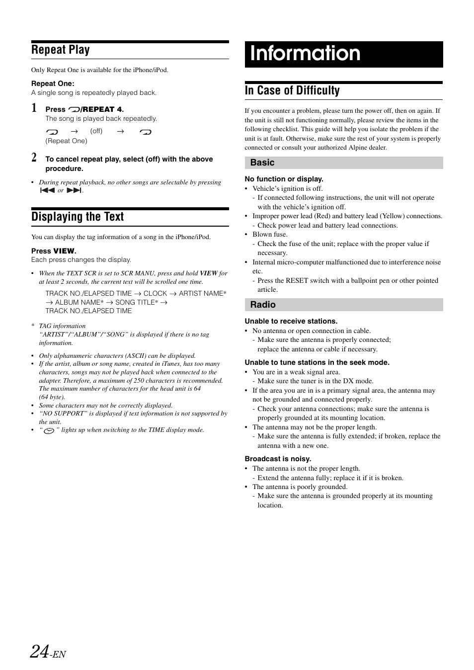 Repeat play, Displaying the text, Information | In case of difficulty | Alpine CDE-W203RI User Manual | Page 26 / 33