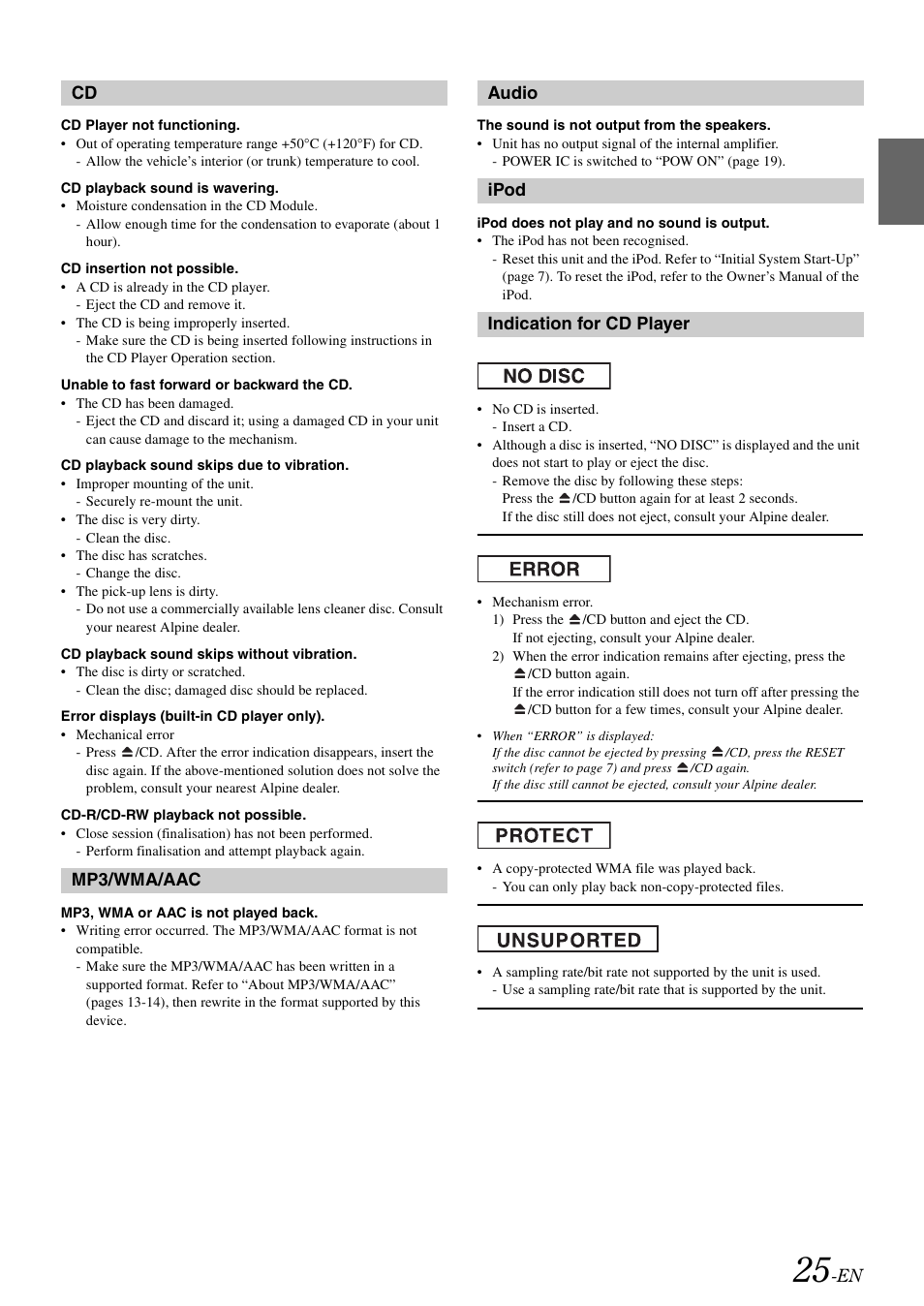 Cd mp3/wma/aac audio ipod indication for cd player | Alpine CDE-W203RI User Manual | Page 27 / 33