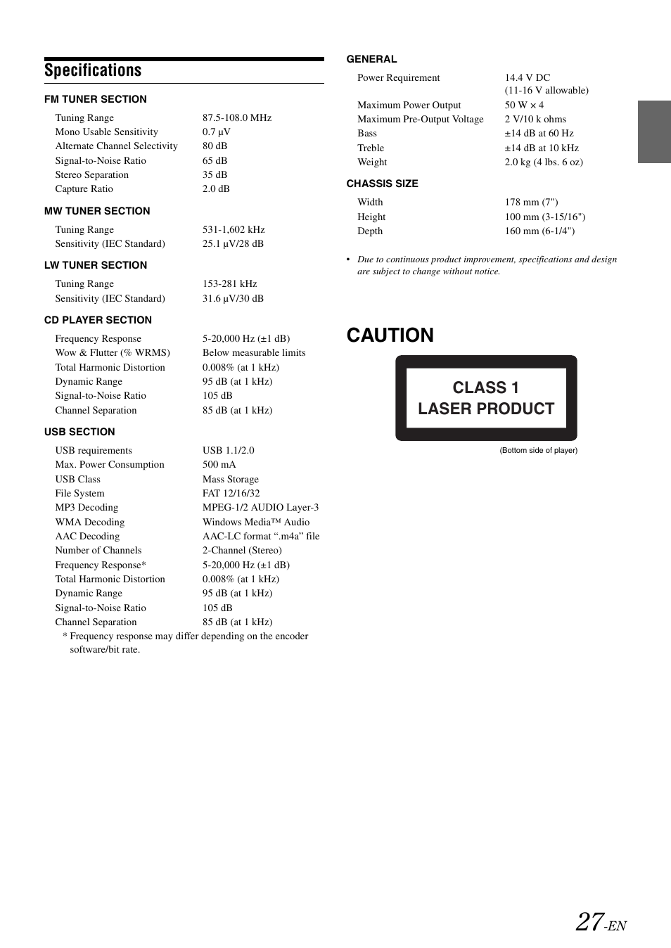 Specifications, Caution, Class 1 laser product | Alpine CDE-W203RI User Manual | Page 29 / 33