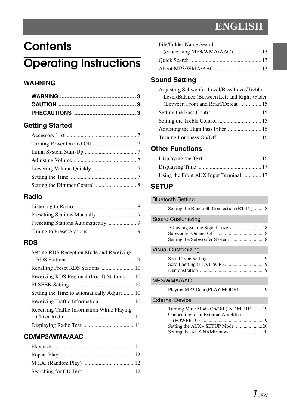 Contents operating instructions, English | Alpine CDE-W203RI User Manual | Page 3 / 33