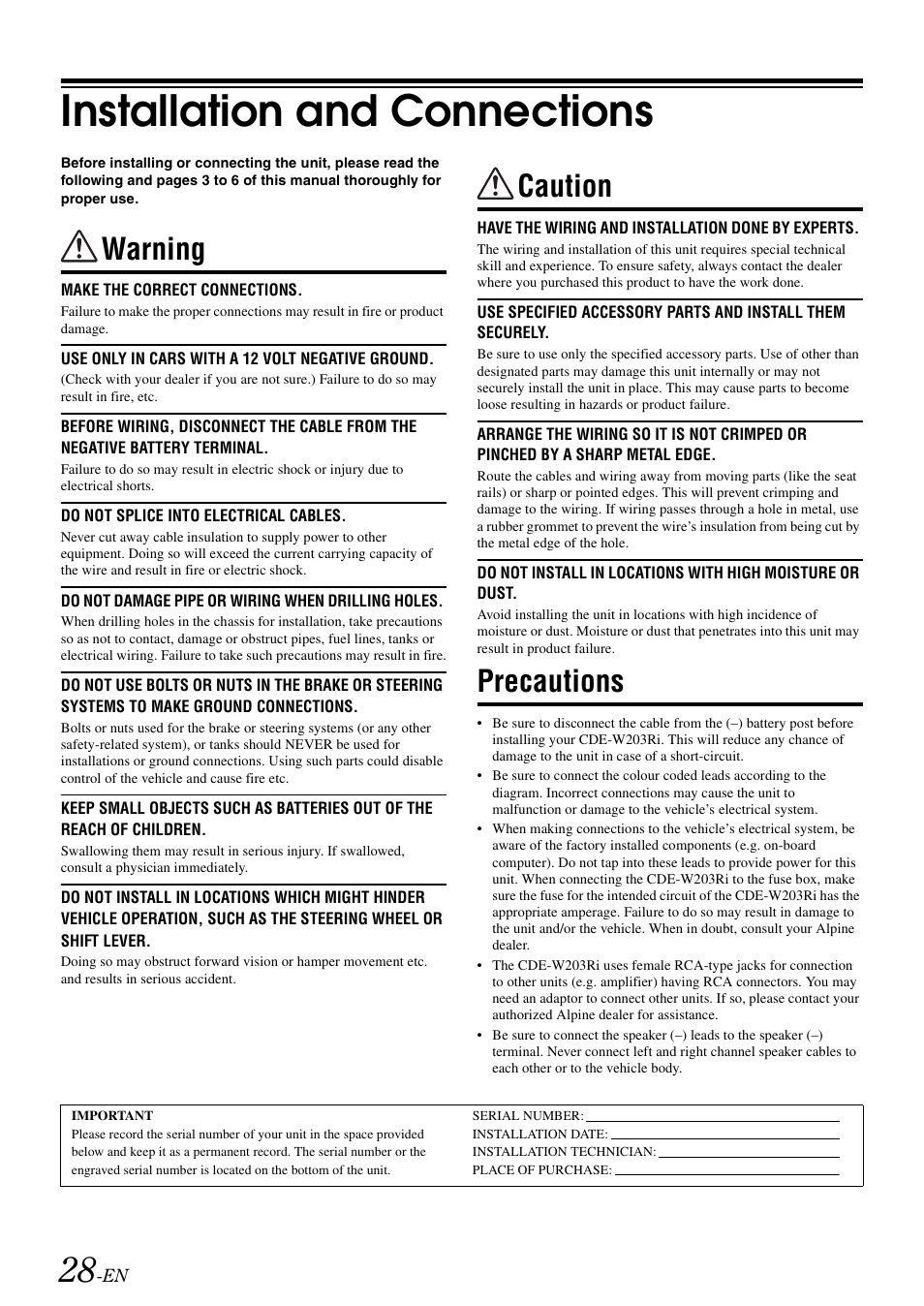 Installation and connections, Warning, Caution | Precautions | Alpine CDE-W203RI User Manual | Page 30 / 33