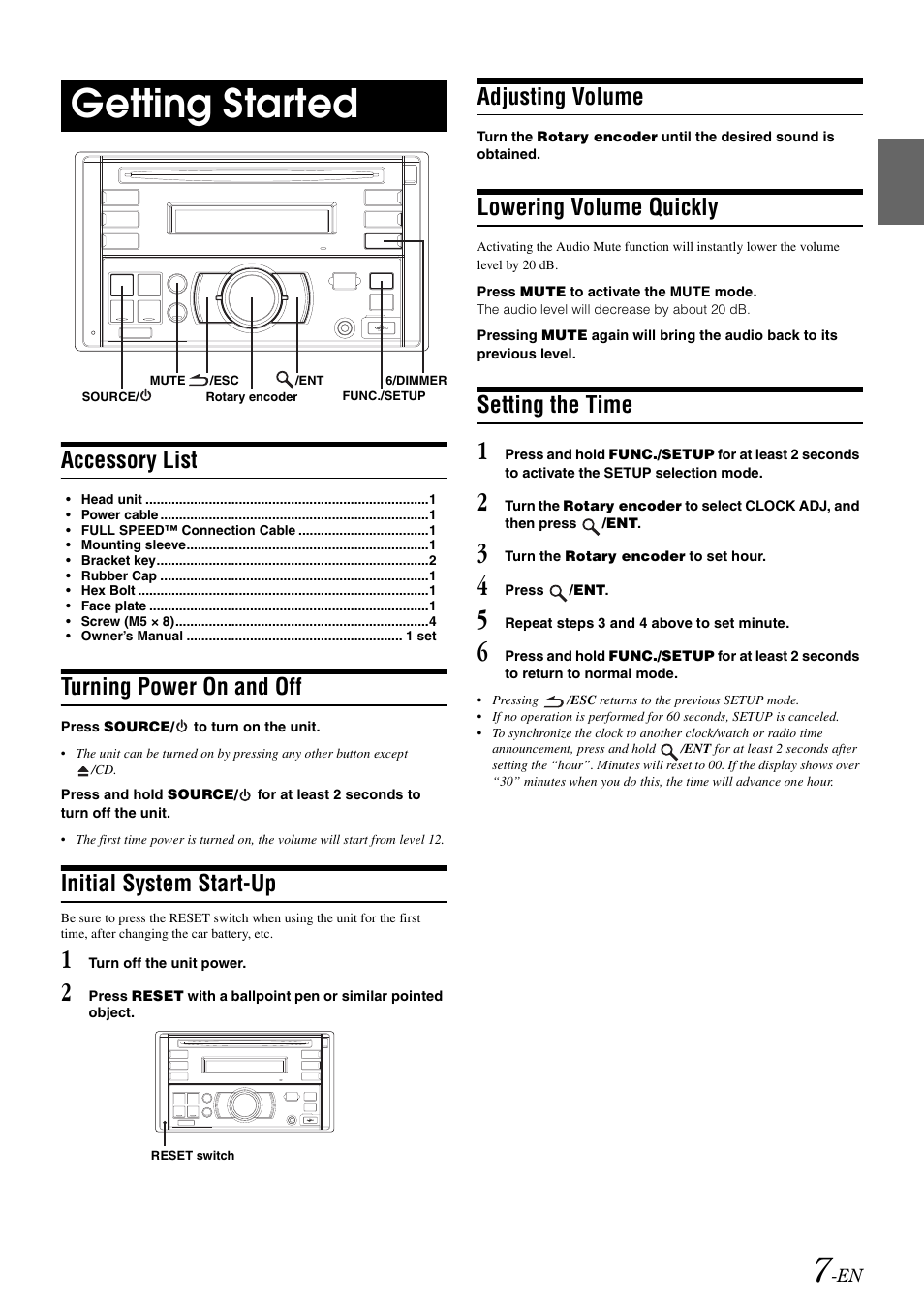 Getting started, Accessory list, Turning power on and off | Initial system start-up, Adjusting volume, Lowering volume quickly, Setting the time | Alpine CDE-W203RI User Manual | Page 9 / 33