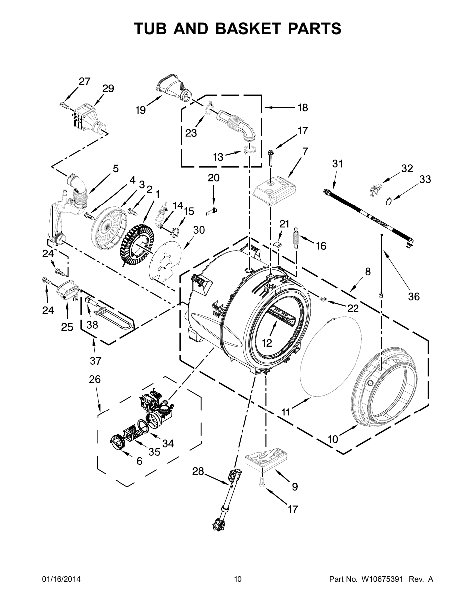 Tub and basket, Tub and basket parts | Whirlpool WFW94HEAC User Manual | Page 10 / 12