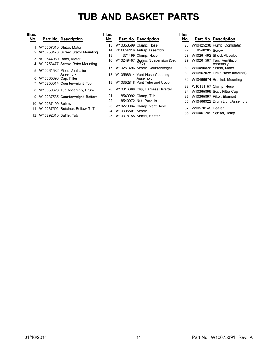 Tub and basket parts | Whirlpool WFW94HEAC User Manual | Page 11 / 12