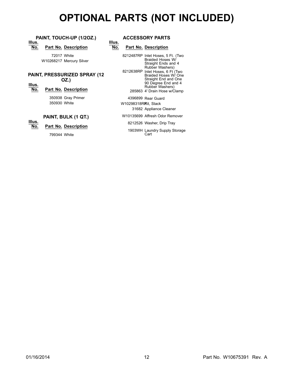 Optional, Optional parts (not included) | Whirlpool WFW94HEAC User Manual | Page 12 / 12