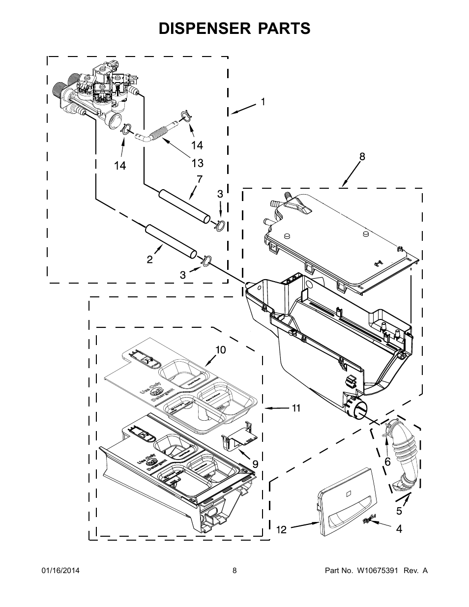 Dispenser, Dispenser parts | Whirlpool WFW94HEAC User Manual | Page 8 / 12