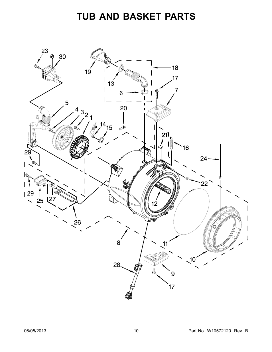 Tub and basket, Tub and basket parts | Whirlpool WFL98HEBU User Manual | Page 10 / 14