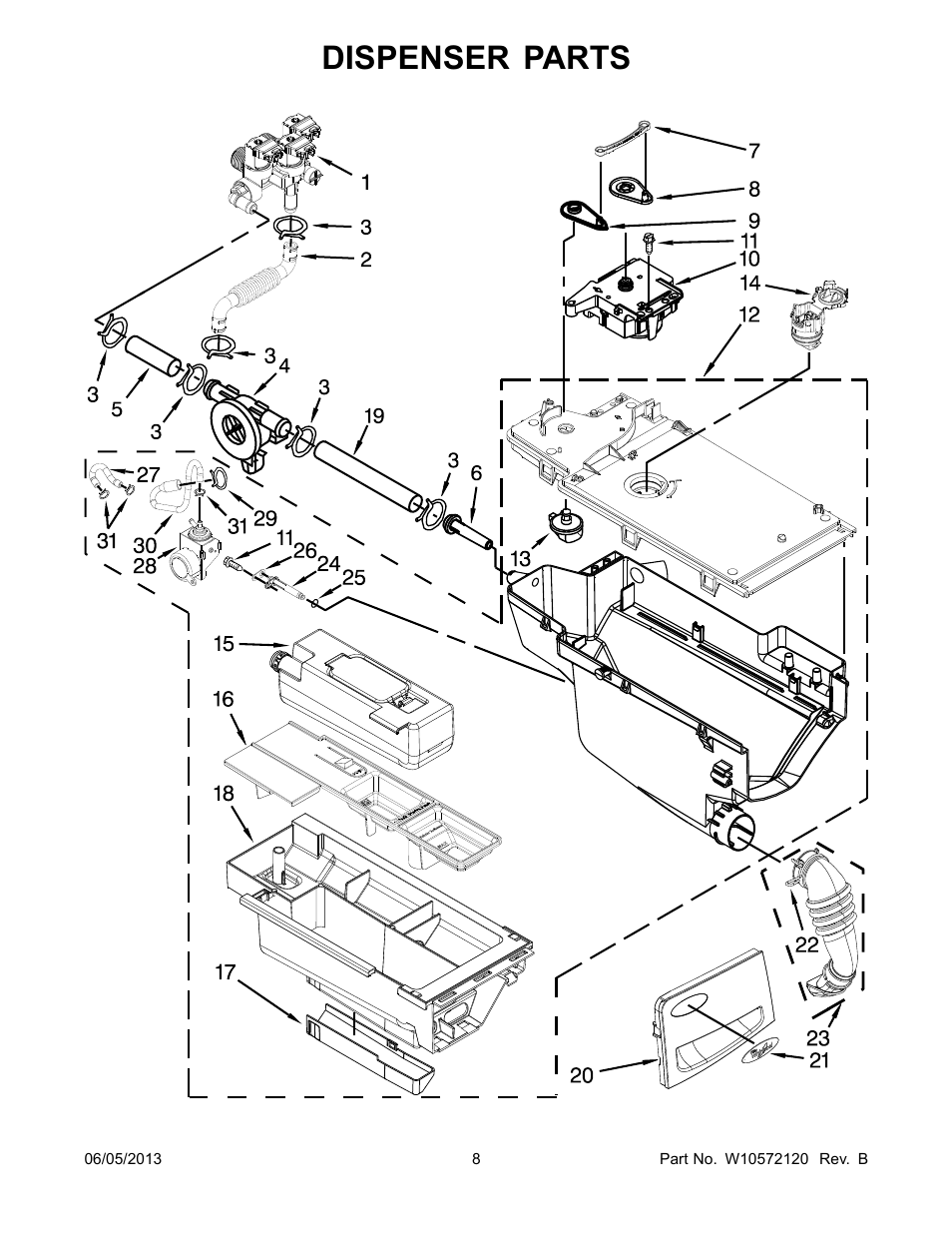Dispenser, Dispenser parts | Whirlpool WFL98HEBU User Manual | Page 8 / 14