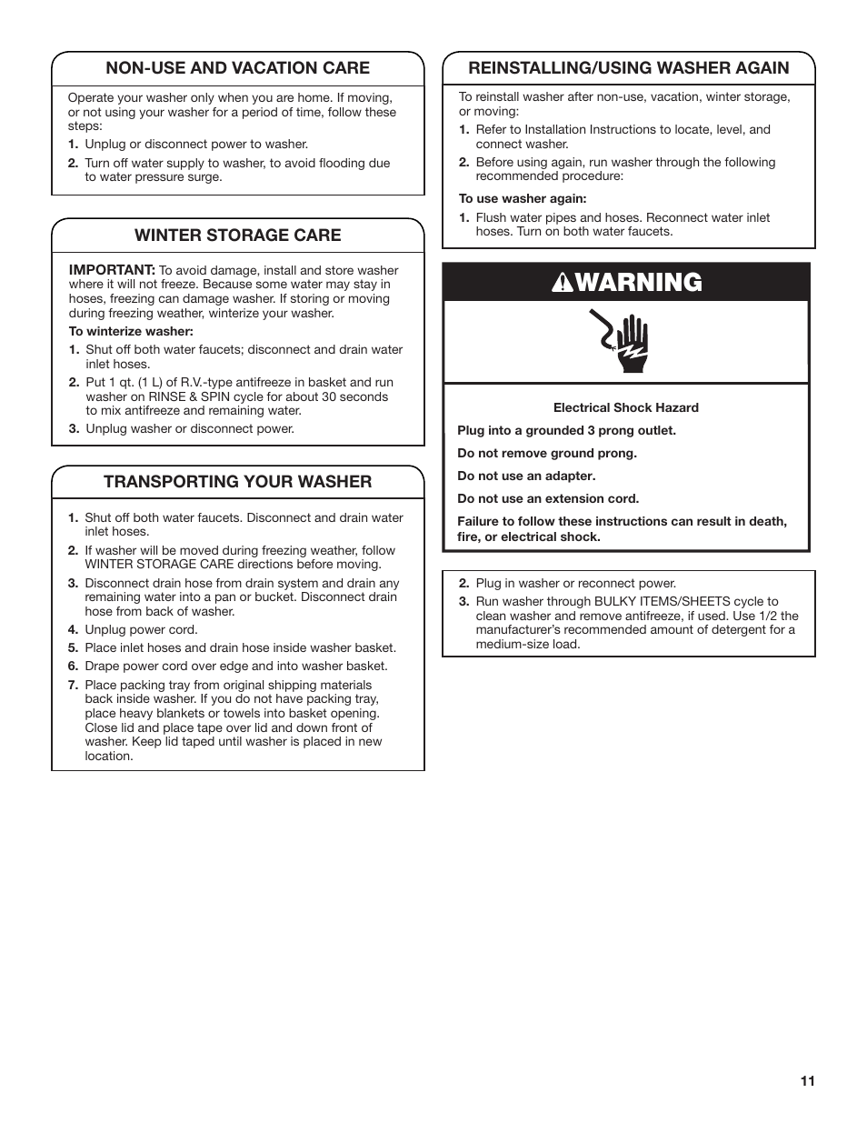 Warning | Whirlpool WTW4850BW User Manual | Page 11 / 36
