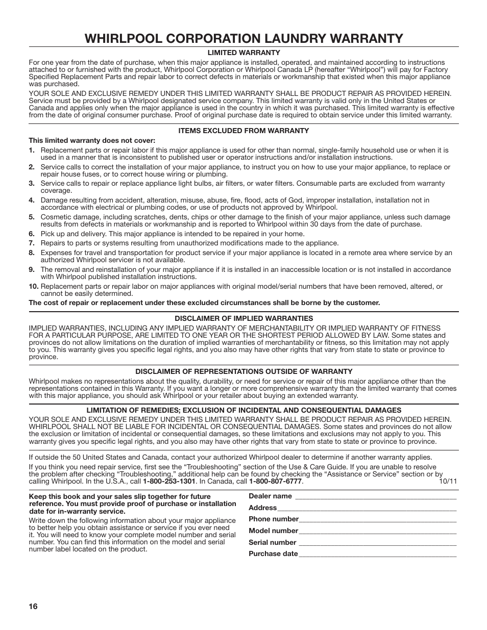 Whirlpool corporation laundry warranty | Whirlpool WTW4850BW User Manual | Page 16 / 36