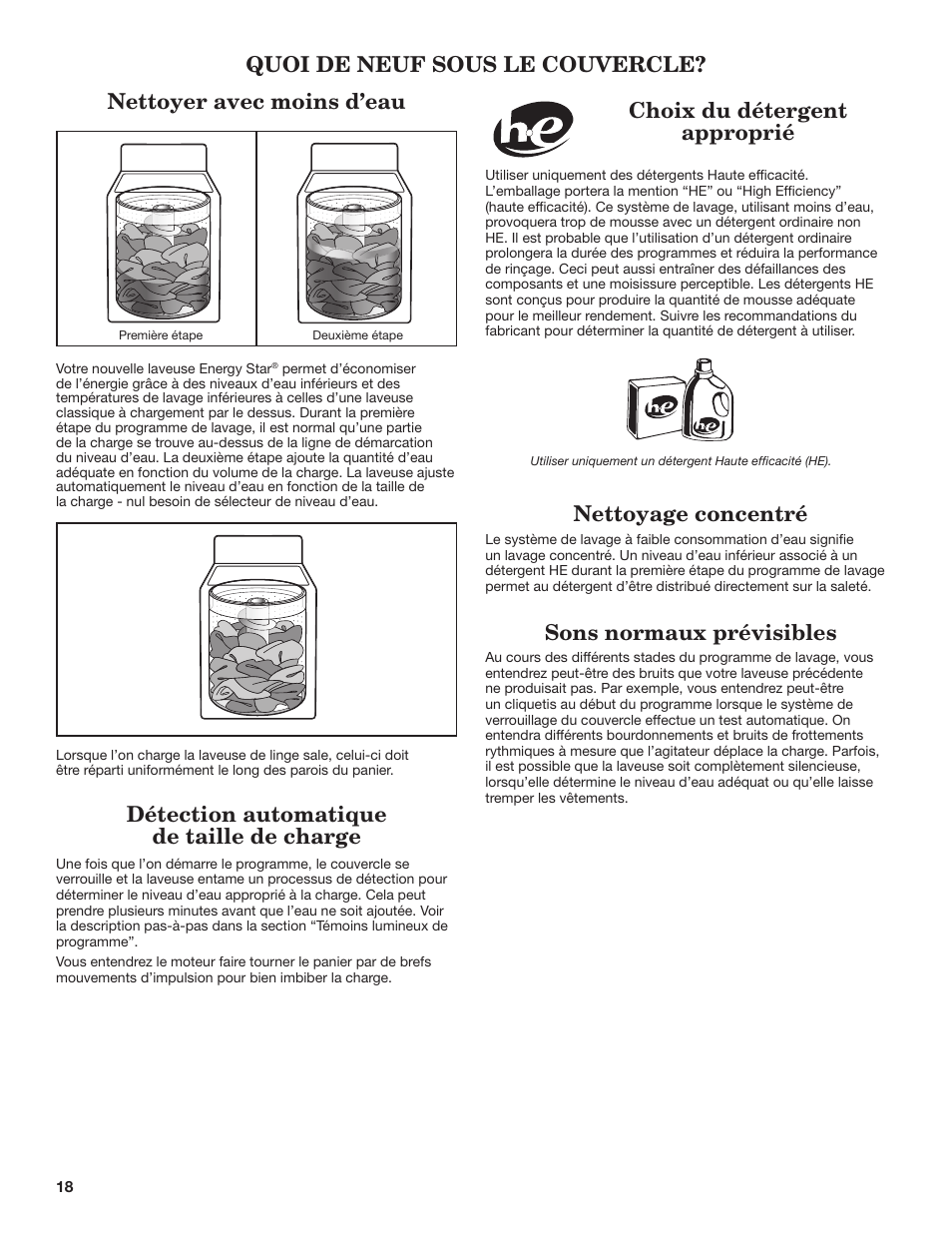 Nettoyage concentré, Nettoyer avec moins d’eau, Sons normaux prévisibles | Détection automatique de taille de charge | Whirlpool WTW4850BW User Manual | Page 18 / 36