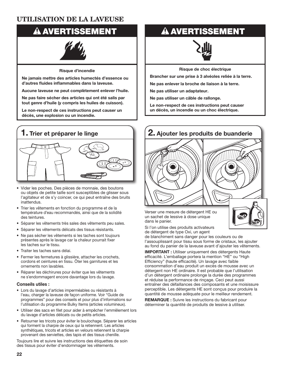 Avertissement, Utilisation de la laveuse, Trier et préparer le linge | Ajouter les produits de buanderie | Whirlpool WTW4850BW User Manual | Page 22 / 36