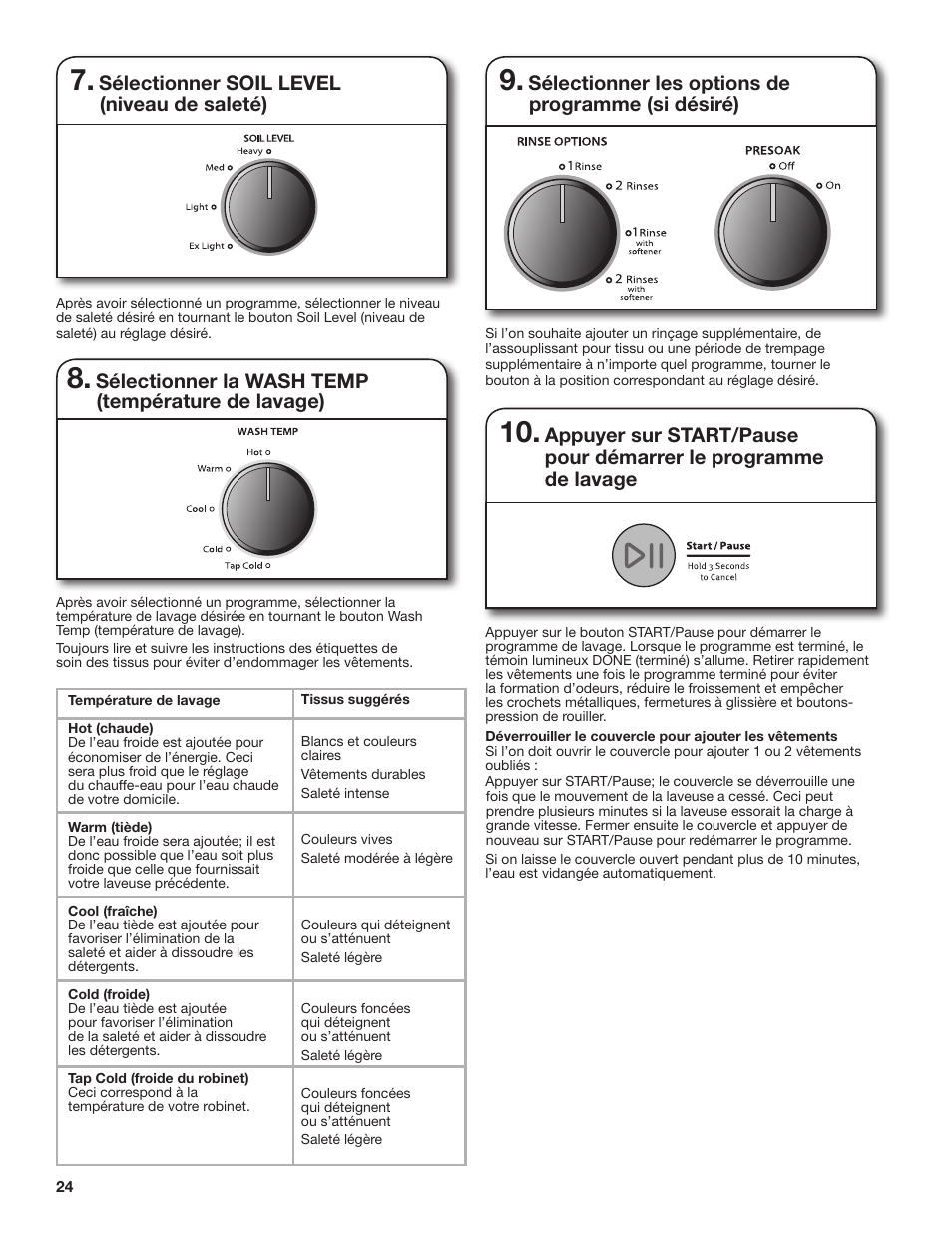 Sélectionner la wash temp (température de lavage), Sélectionner soil level (niveau de saleté), Sélectionner les options de programme (si désiré) | Whirlpool WTW4850BW User Manual | Page 24 / 36