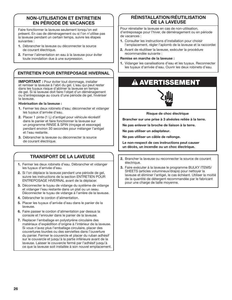 Avertissement | Whirlpool WTW4850BW User Manual | Page 26 / 36