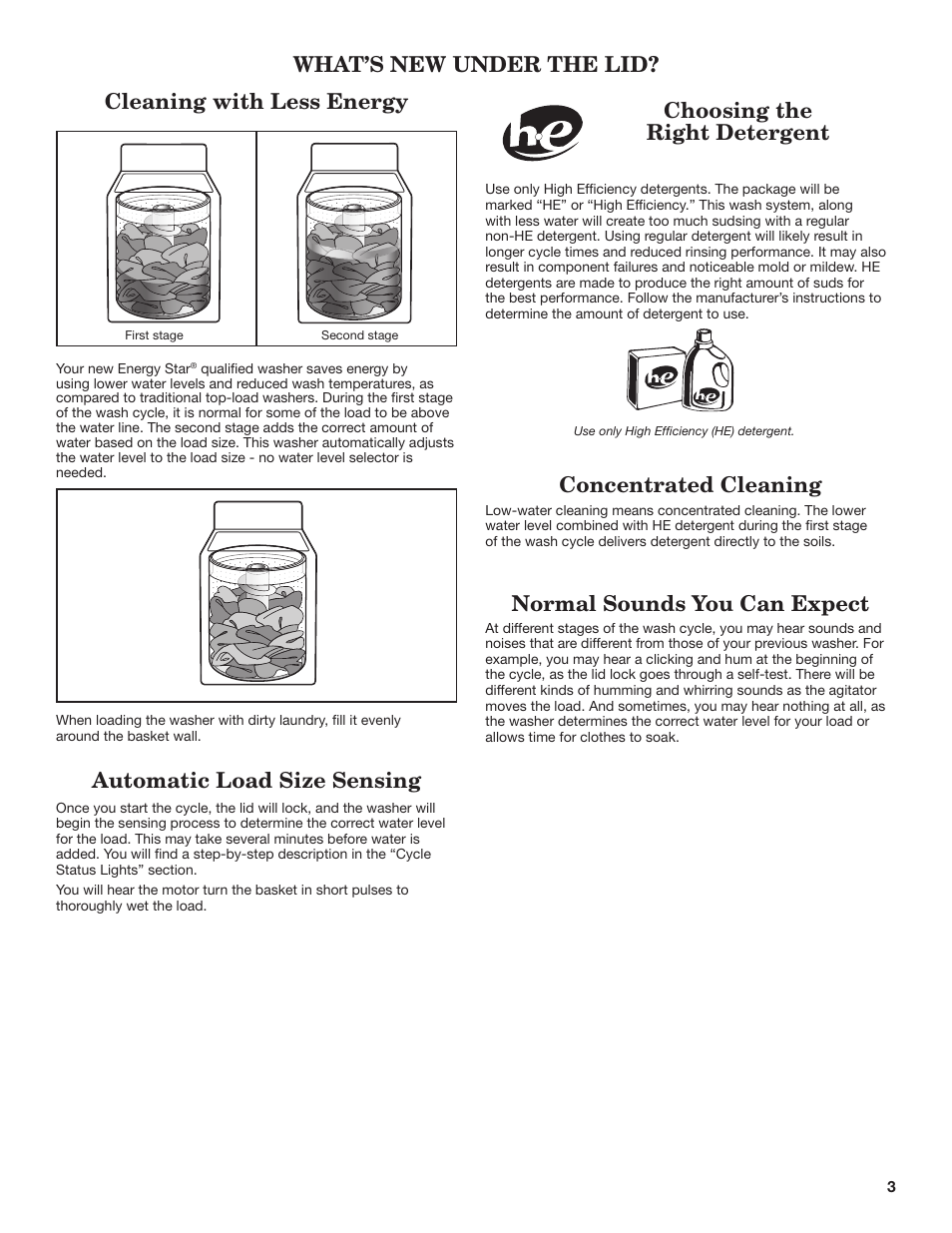 Concentrated cleaning, Cleaning with less energy, Normal sounds you can expect | Automatic load size sensing | Whirlpool WTW4850BW User Manual | Page 3 / 36