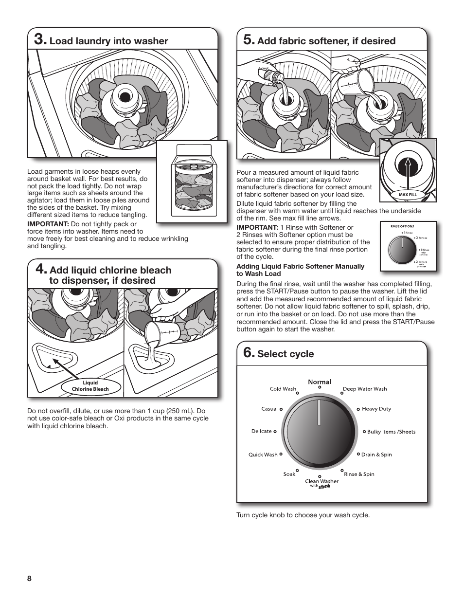 Add fabric softener, if desired, Select cycle, Load laundry into washer | Whirlpool WTW4850BW User Manual | Page 8 / 36