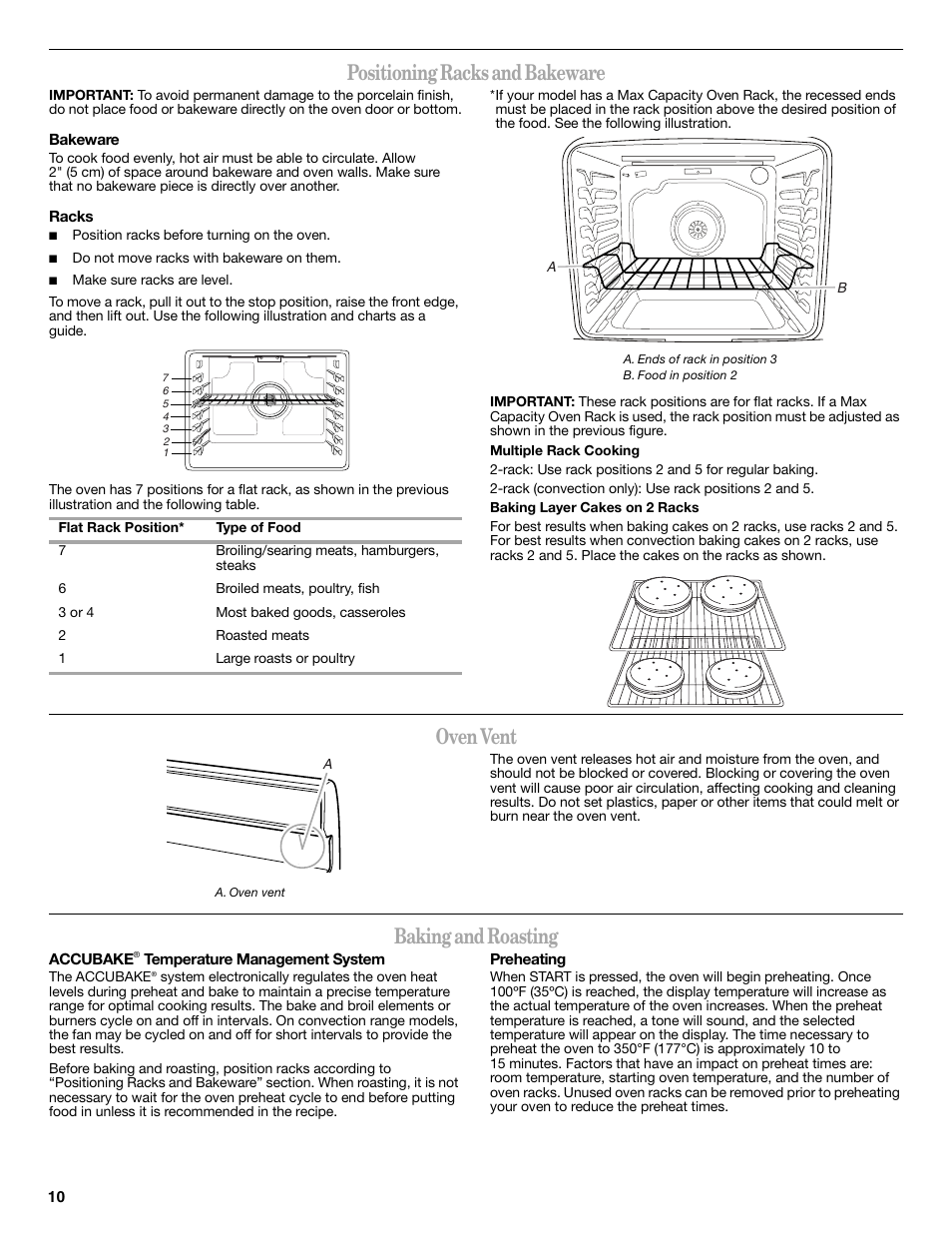 Positioning racks and bakeware, Oven vent, Baking and roasting | Whirlpool WFG540H0AS User Manual | Page 10 / 36