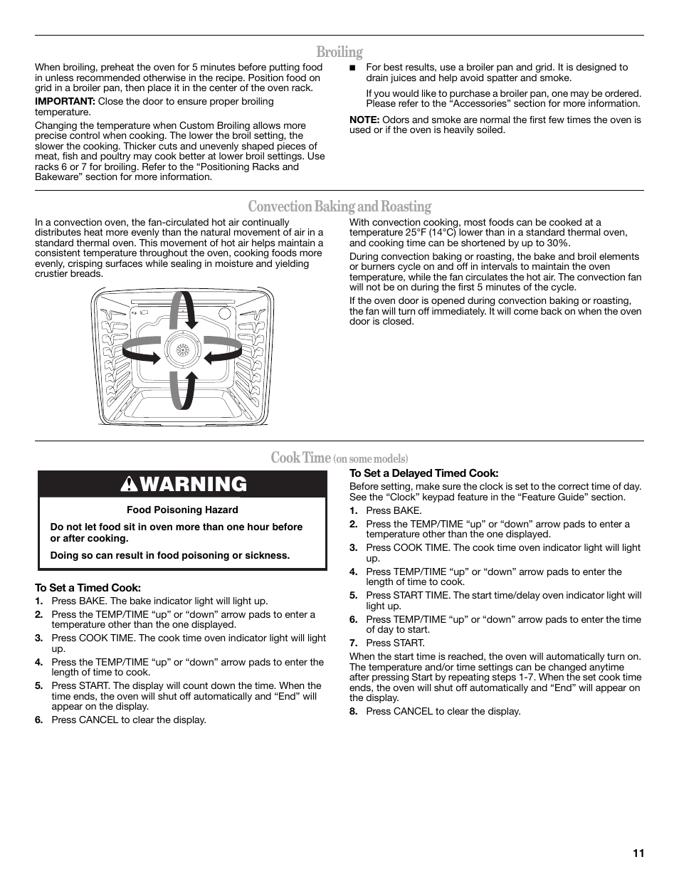 Warning, Broiling, Convection baking and roasting | Cook time | Whirlpool WFG540H0AS User Manual | Page 11 / 36