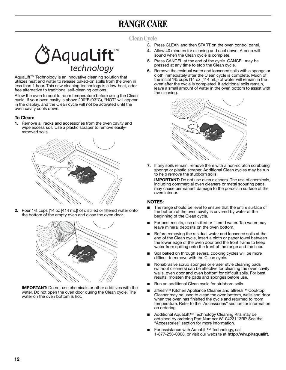 Range care, Clean cycle | Whirlpool WFG540H0AS User Manual | Page 12 / 36